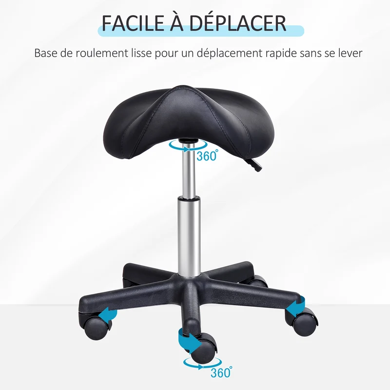 Tabouret à roulettes selle ergonomique 48 x 48 x 43-55 cm hauteur réglable pour salon contemporain en polyuréthane noir 21_0000842