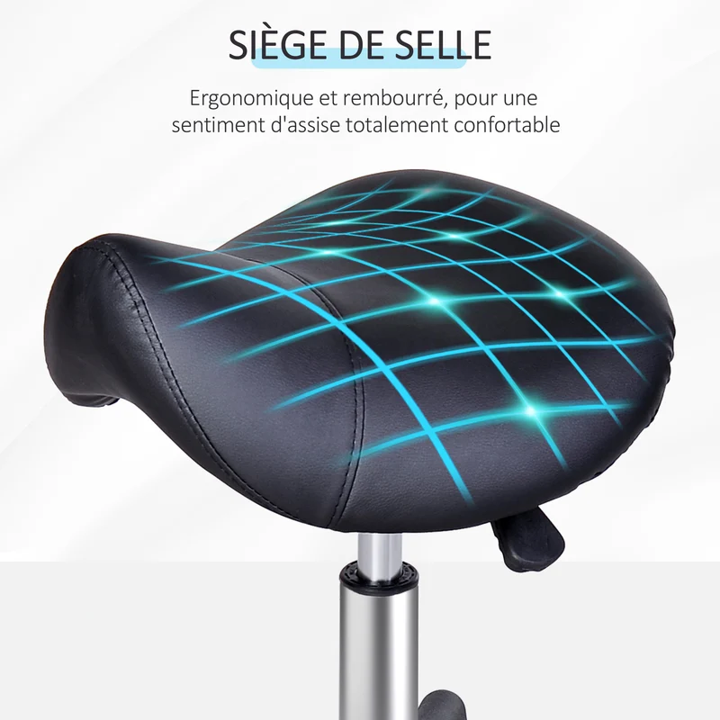 Tabouret à roulettes selle ergonomique 48 x 48 x 43-55 cm hauteur réglable pour salon contemporain en polyuréthane noir 21_0000842