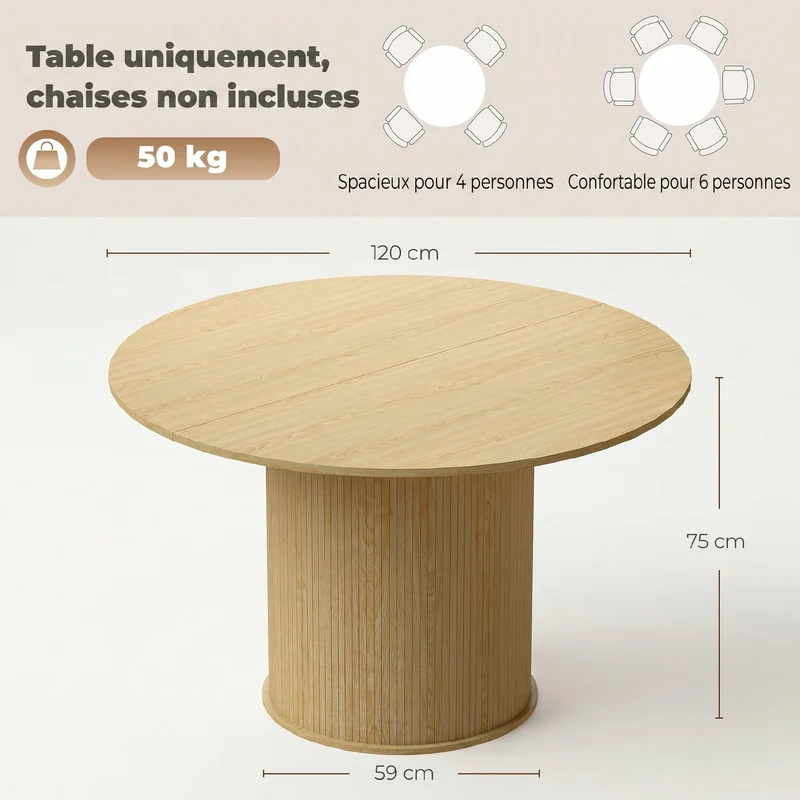 Table à manger ronde 120 x 75 cm gain de place antirayures pied cannelé scandinave contemporain en MDF bois naturel 21_0003395