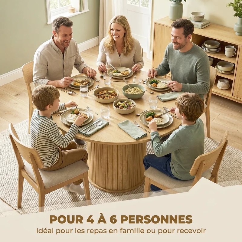 Table à manger ronde 120 x 75 cm gain de place antirayures pied cannelé scandinave contemporain en MDF bois naturel 21_0003395