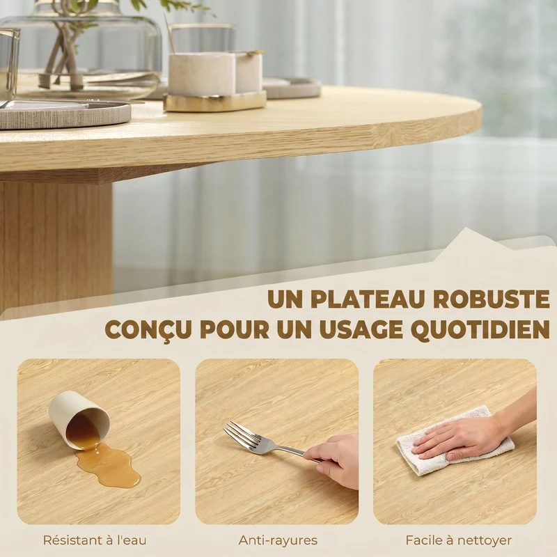 Table à manger ronde 120 x 75 cm gain de place antirayures pied cannelé scandinave contemporain en MDF bois naturel 21_0003395