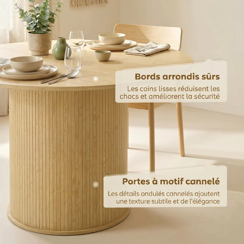 Table à manger ronde 120 x 75 cm gain de place antirayures pied cannelé scandinave contemporain en MDF bois naturel 21_0003395