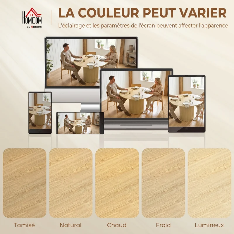 Table à manger ronde 120 x 75 cm gain de place antirayures pied cannelé scandinave contemporain en MDF bois naturel 21_0003395
