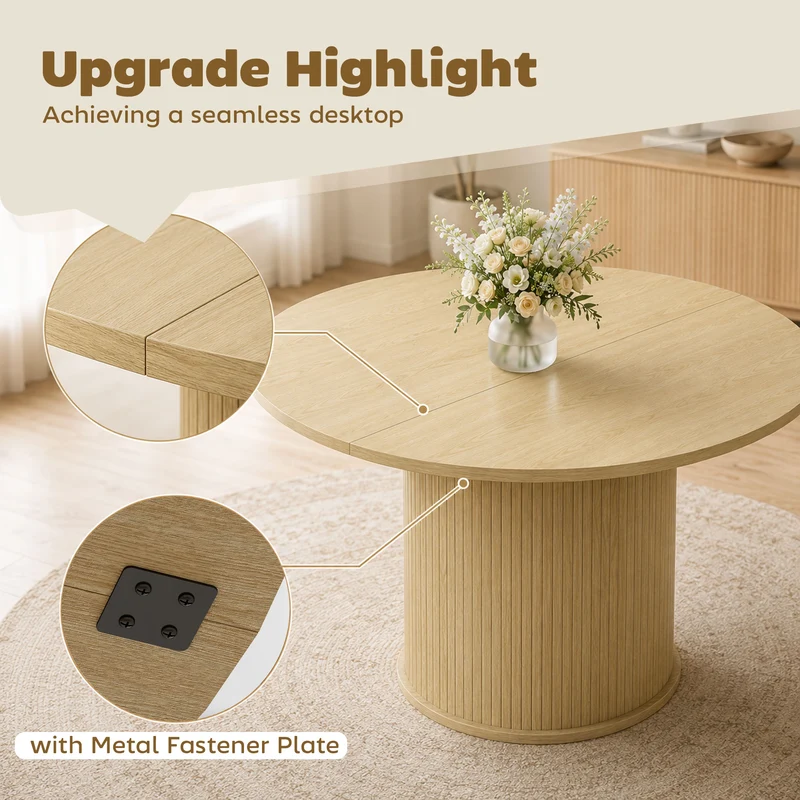 Table à manger ronde 120 x 75 cm gain de place antirayures pied cannelé scandinave contemporain en MDF bois naturel 21_0003395