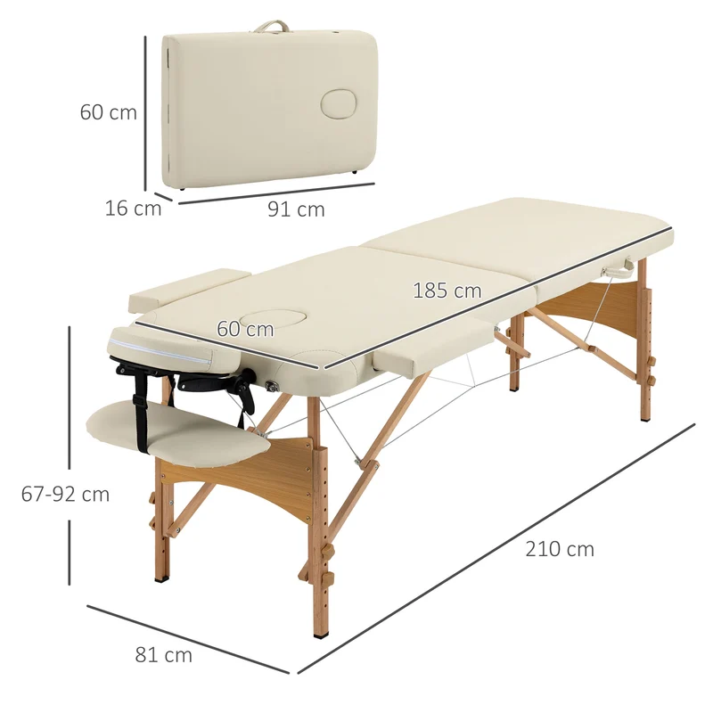 Table de massage 2 zones pliante 210 x 81 x 67-92 cm hauteur réglable salon épuré classique finition mate en PU crème 21_0000794