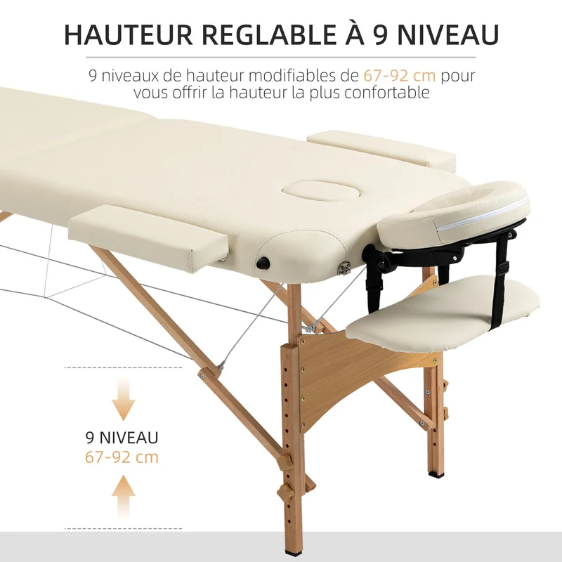 Table de massage 2 zones pliante 210 x 81 x 67-92 cm hauteur réglable salon épuré classique finition mate en PU crème 21_0000794
