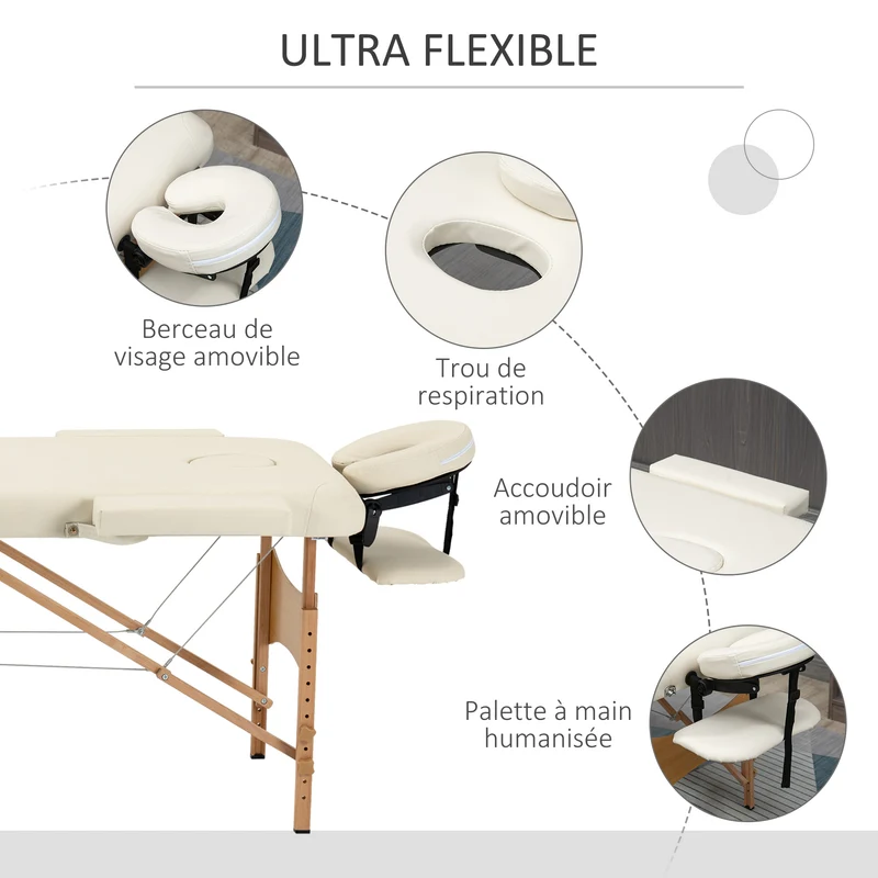 Table de massage 2 zones pliante 210 x 81 x 67-92 cm hauteur réglable salon épuré classique finition mate en PU crème 21_0000794
