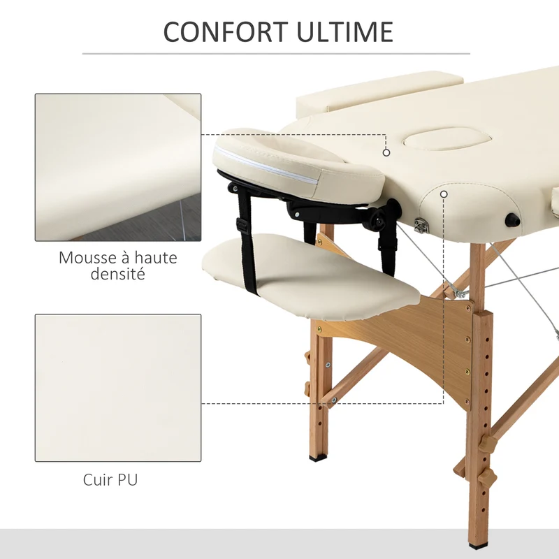 Table de massage 2 zones pliante 210 x 81 x 67-92 cm hauteur réglable salon épuré classique finition mate en PU crème 21_0000794