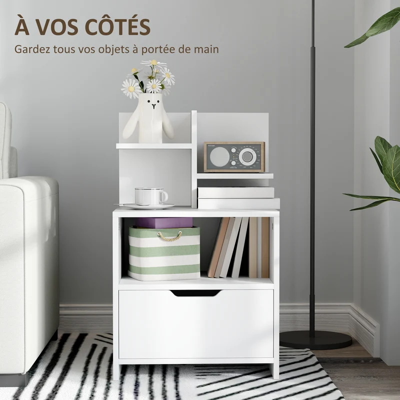Table de chevet d'appoint tiroir niche 45 x 35 x 73 cm rangement pratique minimaliste en panneau de particules blanc 21_0001559