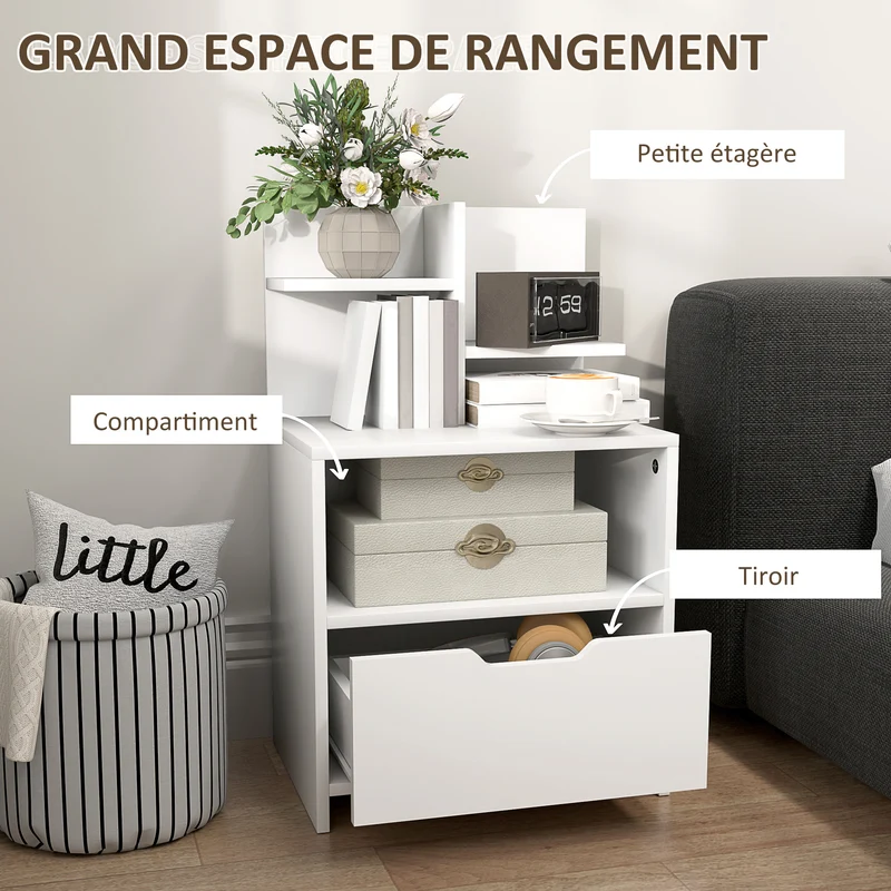 Table de chevet d'appoint tiroir niche 45 x 35 x 73 cm rangement pratique minimaliste en panneau de particules blanc 21_0001559