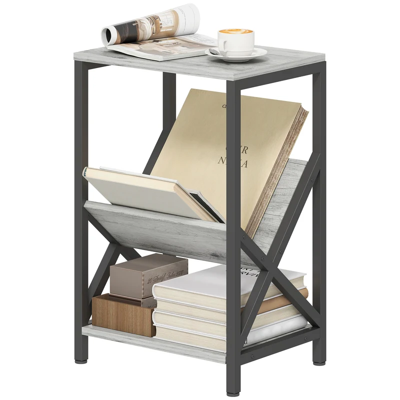 Table d'appoint chevet 40 x 30 x 61 cm 3 niveaux porte revues en v industriel design en panneau de particules gris foncé 21_0003588