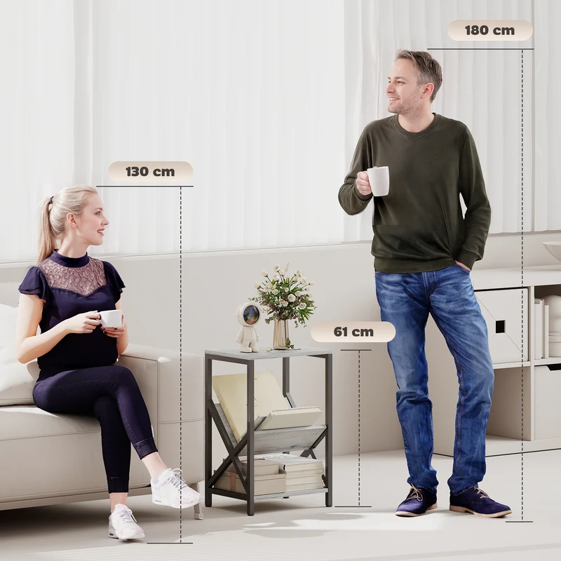 Table d'appoint chevet 40 x 30 x 61 cm 3 niveaux porte revues en v industriel design en panneau de particules gris foncé 21_0003588