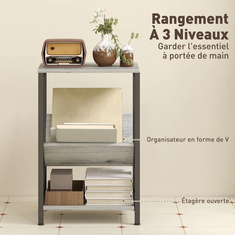 Table d'appoint chevet 40 x 30 x 61 cm 3 niveaux porte revues en v industriel design en panneau de particules gris foncé 21_0003588