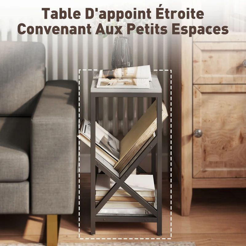Table d'appoint chevet 40 x 30 x 61 cm 3 niveaux porte revues en v industriel design en panneau de particules gris foncé 21_0003588