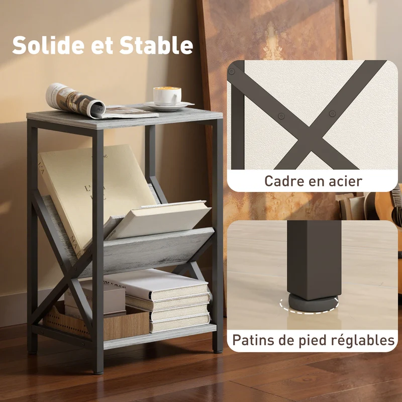 Table d'appoint chevet 40 x 30 x 61 cm 3 niveaux porte revues en v industriel design en panneau de particules gris foncé 21_0003588