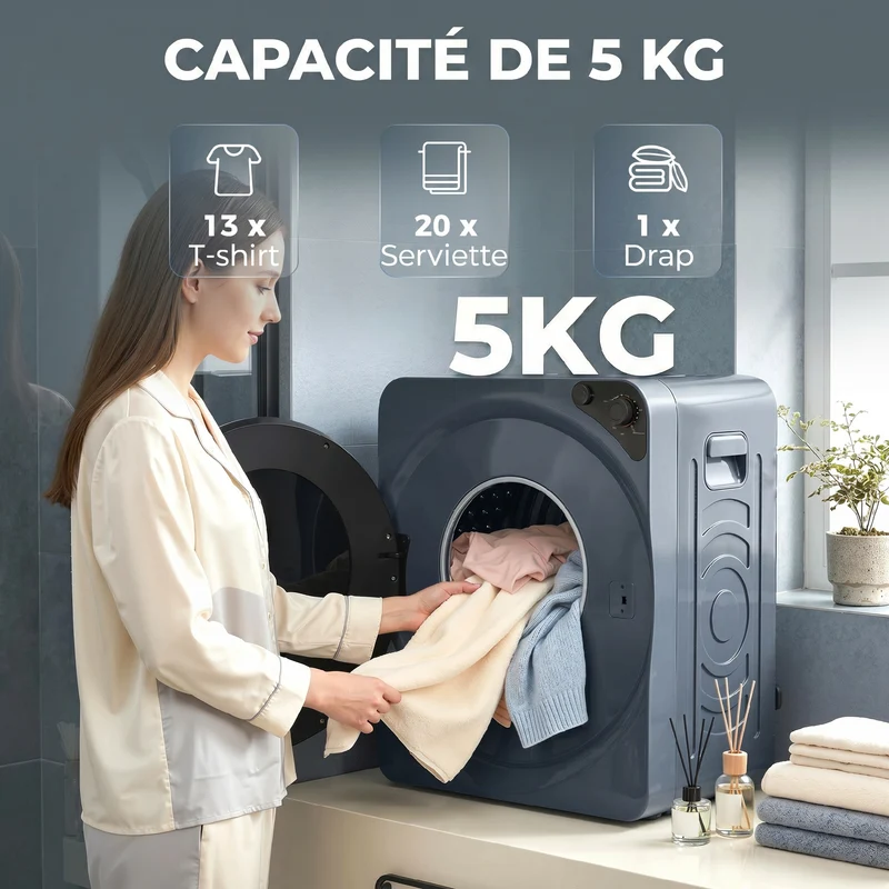 Sèche-linge compact empilable 49 x 43 x 61 cm capacité 5 kg hygiène 60 °c moderne contemporain en acier inoxydable bleu 21_0007098