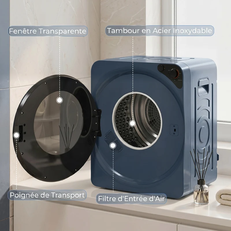 Sèche-linge compact empilable 49 x 43 x 61 cm capacité 5 kg hygiène 60 °c moderne contemporain en acier inoxydable bleu 21_0007098