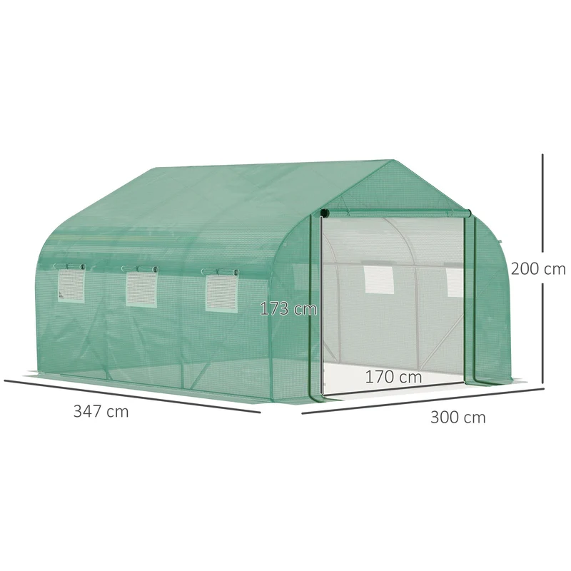 Serre tunnel de jardin 3,47 x 3 x 2 m bâche anti uv renforcée fenêtres enroulables moderne épuré en polyéthylène vert 21_0004228