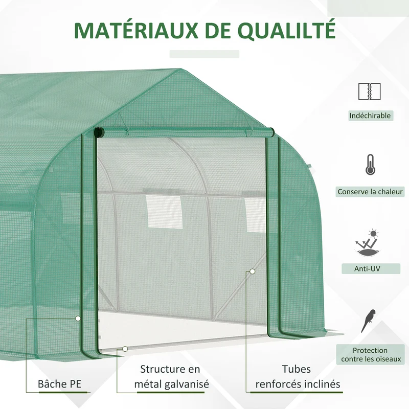 Serre tunnel de jardin 3,47 x 3 x 2 m bâche anti uv renforcée fenêtres enroulables moderne épuré en polyéthylène vert 21_0004228