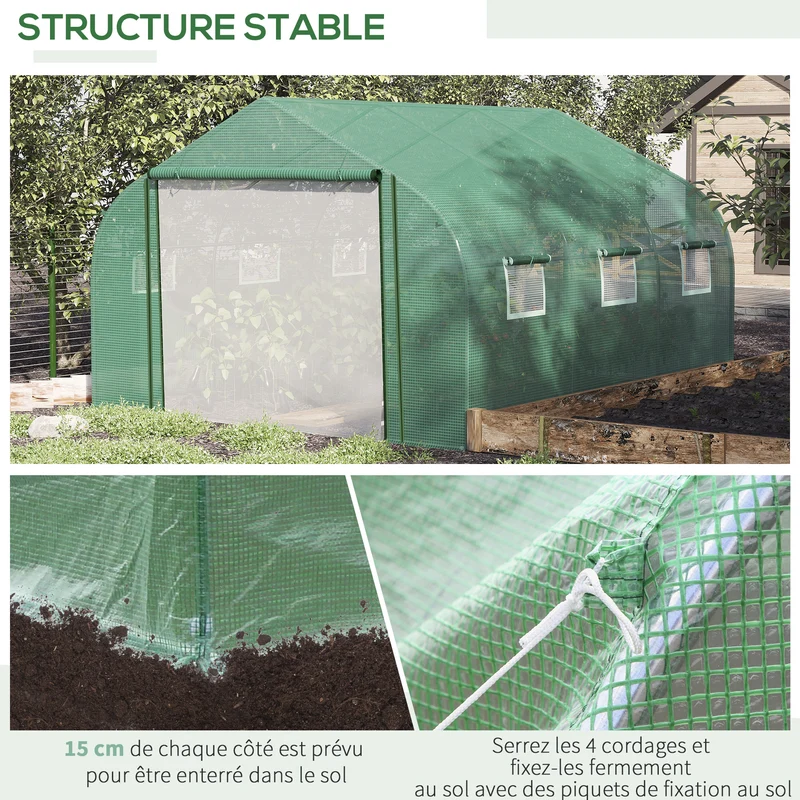 Serre tunnel de jardin 3,47 x 3 x 2 m bâche anti uv renforcée fenêtres enroulables moderne épuré en polyéthylène vert 21_0004228