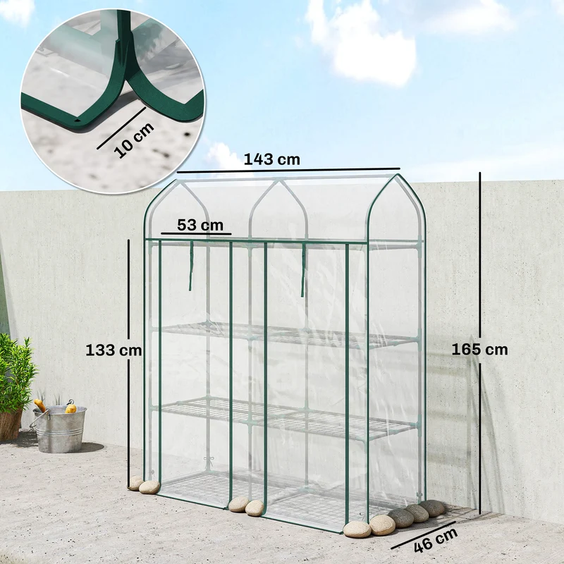 Serre de jardin compacte balcon 143 x 46 x 165 cm anti uv rangement 3 niveaux robuste design épuré en PVC transparent 21_0005635