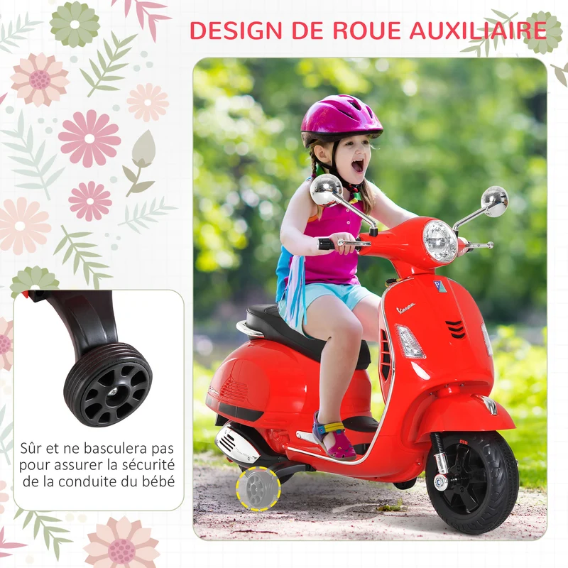 Scooter électrique enfant 102 x 51 x 76 cm roulettes stabilisatrices siège ergonomique MP3 USB design moderne en PP rouge 21_0000436