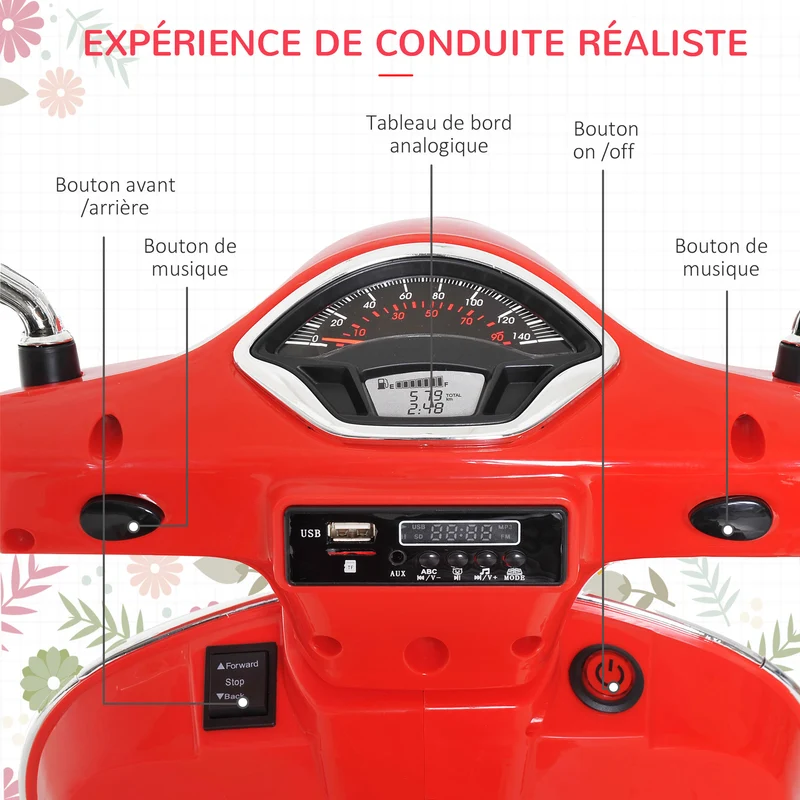 Scooter électrique enfant 102 x 51 x 76 cm roulettes stabilisatrices siège ergonomique MP3 USB design moderne en PP rouge 21_0000436