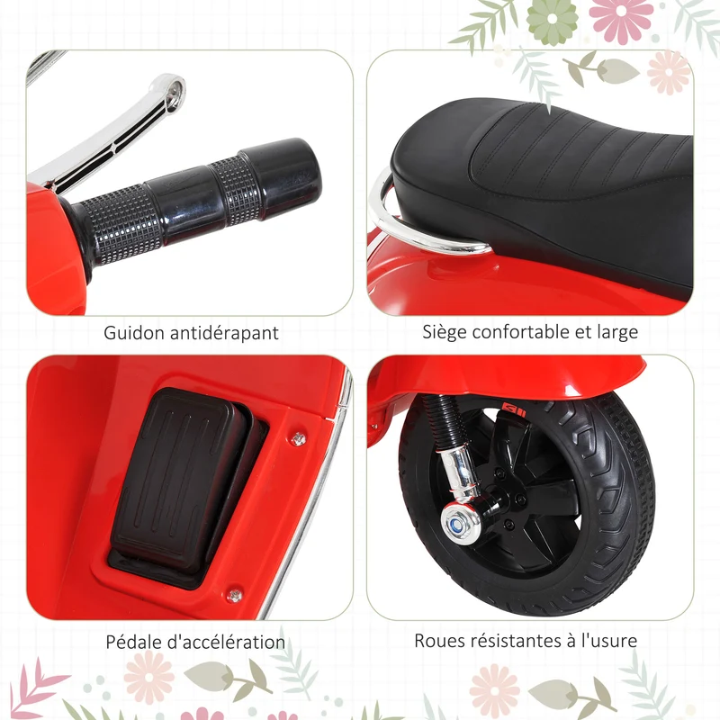Scooter électrique enfant 102 x 51 x 76 cm roulettes stabilisatrices siège ergonomique MP3 USB design moderne en PP rouge 21_0000436