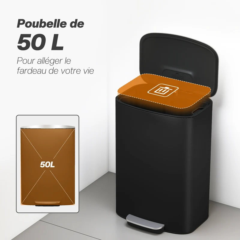 Poubelle de cuisine à pédale 45.1 x 36.5 x 62.6 cm seau amovible fermeture douce épuré moderne en acier inoxydable noir 21_0005934