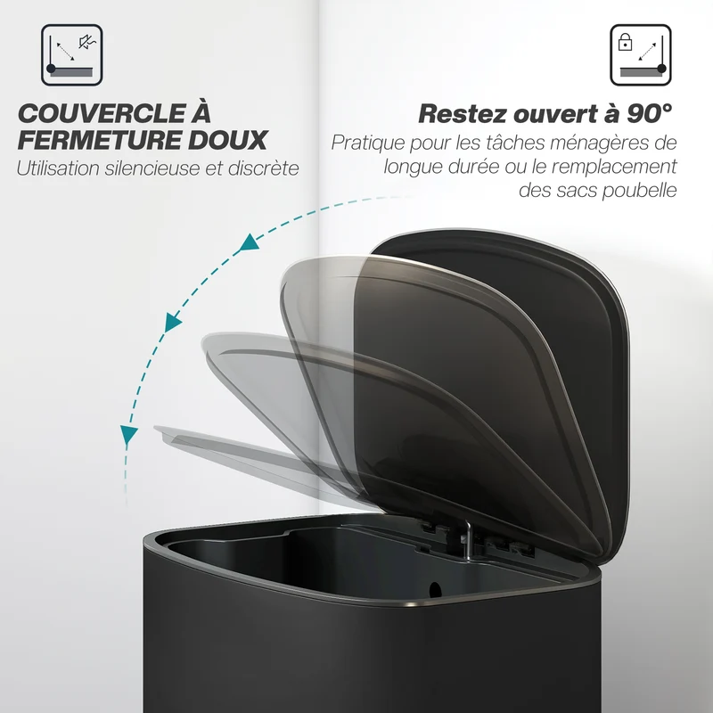 Poubelle de cuisine à pédale 45.1 x 36.5 x 62.6 cm seau amovible fermeture douce épuré moderne en acier inoxydable noir 21_0005934