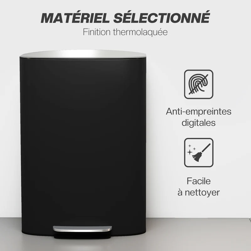 Poubelle de cuisine à pédale 45.1 x 36.5 x 62.6 cm seau amovible fermeture douce épuré moderne en acier inoxydable noir 21_0005934