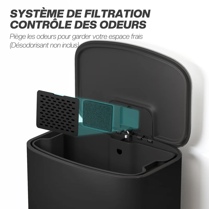Poubelle de cuisine à pédale 45.1 x 36.5 x 62.6 cm seau amovible fermeture douce épuré moderne en acier inoxydable noir 21_0005934