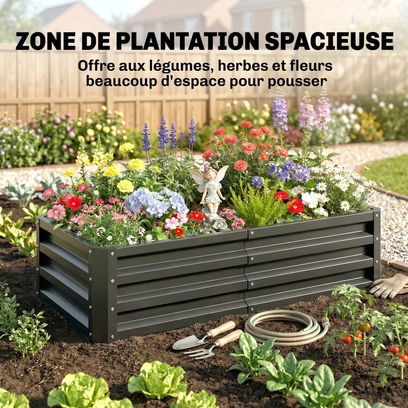 Potager rectangulaire 120 x 60 x 30.5 cm rétention chaleur résistant intempéries industriel en acier galvanisé gris 21_0004041