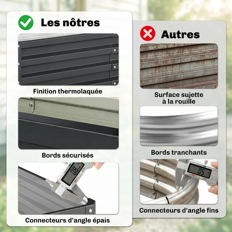 Potager rectangulaire 120 x 60 x 30.5 cm rétention chaleur résistant intempéries industriel en acier galvanisé gris 21_0004041