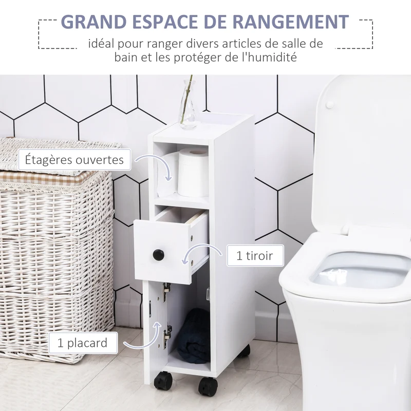 Porte-papier toilette colonne 18 x 30 x 68,5 cm 3 niveaux compact sur roulettes épuré en panneaux de particules blanc 21_0001871