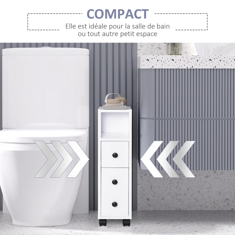 Porte-papier toilette colonne 18 x 30 x 68,5 cm 3 niveaux compact sur roulettes épuré en panneaux de particules blanc 21_0001871