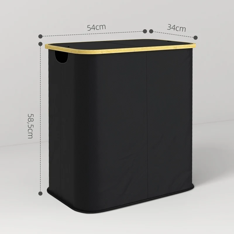 Panier à linge double pliable 54 x 34 x 58.5 cm tri facile avec couvercle épuré salle de bain en tissu non tissé noir 21_0005867