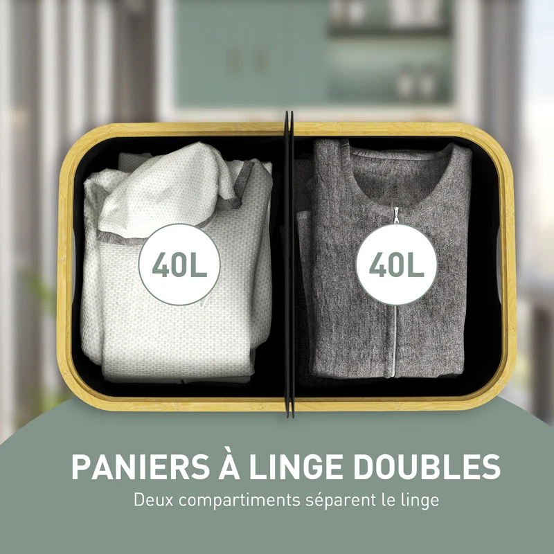 Panier à linge double pliable 54 x 34 x 58.5 cm tri facile avec couvercle épuré salle de bain en tissu non tissé noir 21_0005867