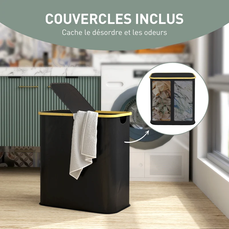 Panier à linge double pliable 54 x 34 x 58.5 cm tri facile avec couvercle épuré salle de bain en tissu non tissé noir 21_0005867