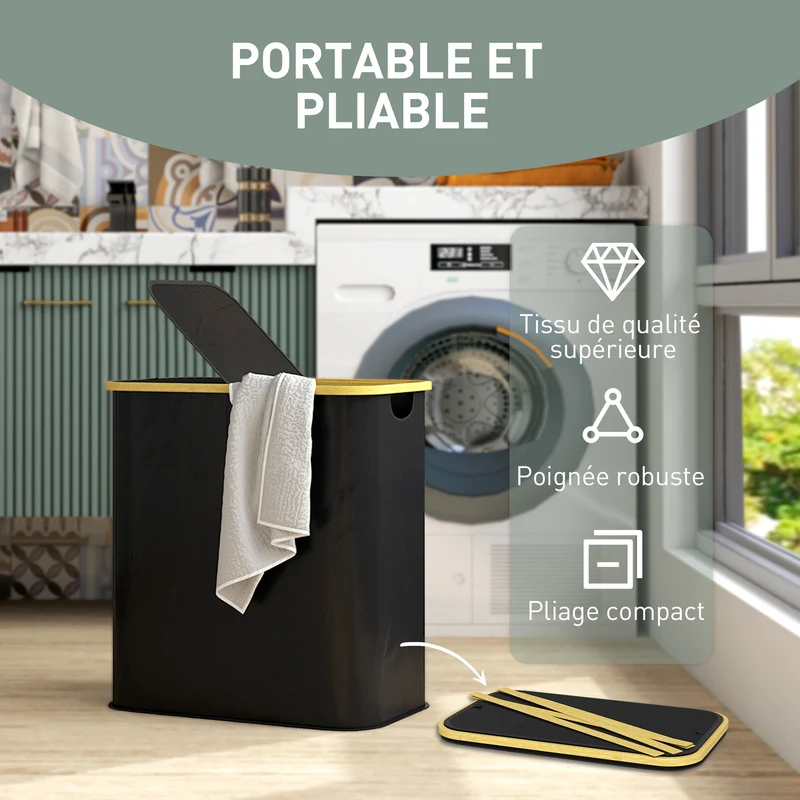 Panier à linge double pliable 54 x 34 x 58.5 cm tri facile avec couvercle épuré salle de bain en tissu non tissé noir 21_0005867