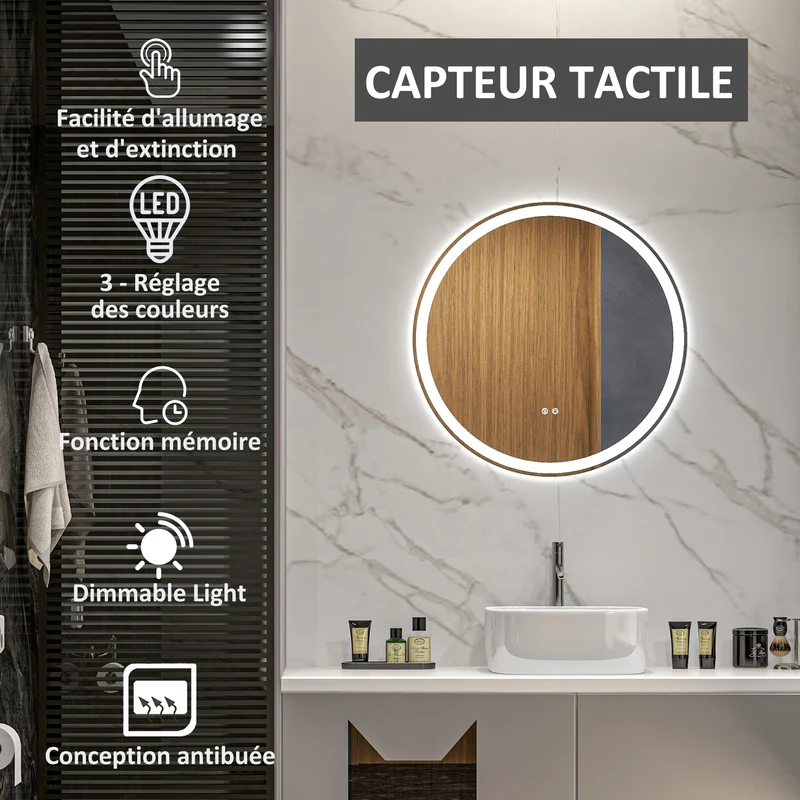 Miroir rond salle de bain led 60 x 60 x 3 cm antibuée tactile luminosité réglable style moderne épuré en verre argent 21_0001968