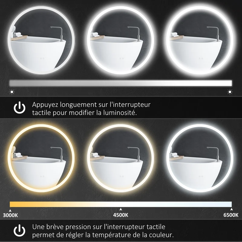 Miroir rond salle de bain led 60 x 60 x 3 cm antibuée tactile luminosité réglable style moderne épuré en verre argent 21_0001968
