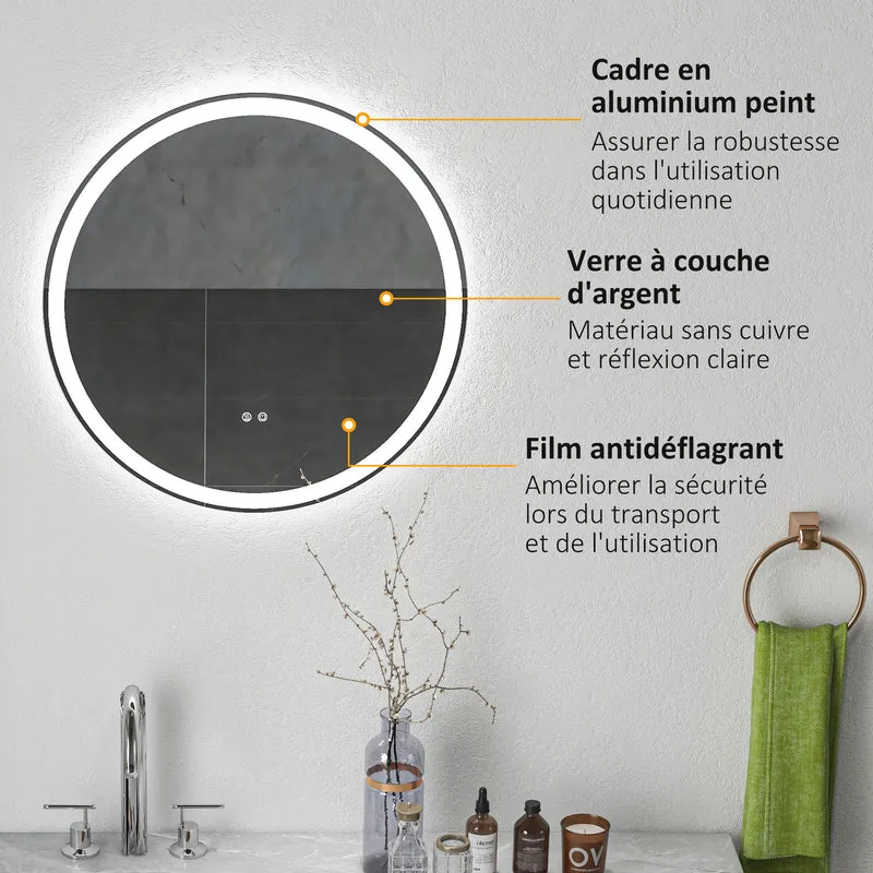 Miroir rond salle de bain led 60 x 60 x 3 cm antibuée tactile luminosité réglable style moderne épuré en verre argent 21_0001968