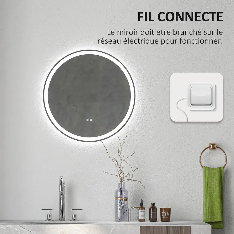 Miroir rond salle de bain led 60 x 60 x 3 cm antibuée tactile luminosité réglable style moderne épuré en verre argent 21_0001968