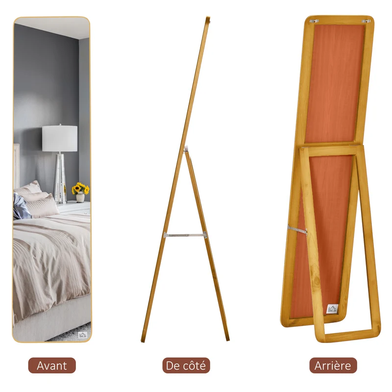 Miroir pleine longueur sur pied et mural 37 x 43 x 156 cm anti éclat arrondis contemporain chambre en bois noyer clair 21_0001474