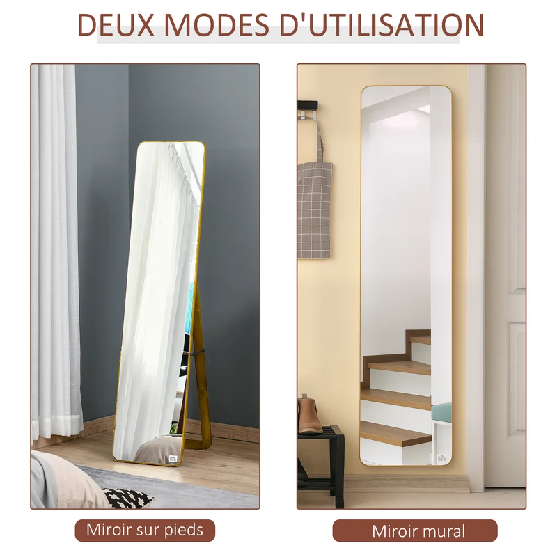 Miroir pleine longueur sur pied et mural 37 x 43 x 156 cm anti éclat arrondis contemporain chambre en bois noyer clair 21_0001474