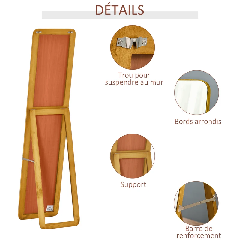 Miroir pleine longueur sur pied et mural 37 x 43 x 156 cm anti éclat arrondis contemporain chambre en bois noyer clair 21_0001474