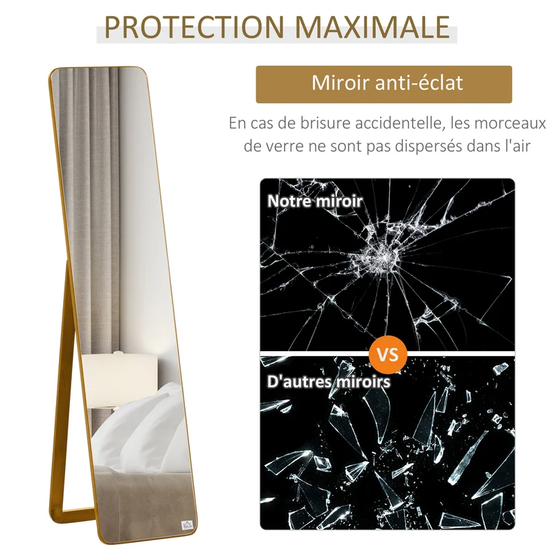 Miroir pleine longueur sur pied et mural 37 x 43 x 156 cm anti éclat arrondis contemporain chambre en bois noyer clair 21_0001474