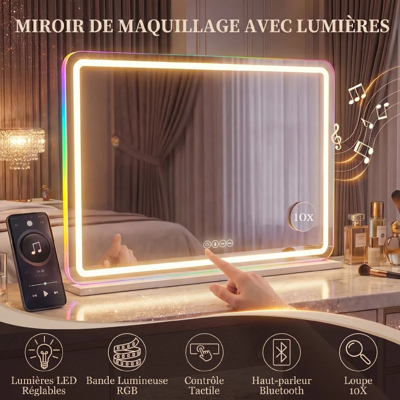 Miroir maquillage 80 x 60 x 20 cm éclairage led variable miroir grossissant 10x murale moderne tendance en verre blanc 21_0000790