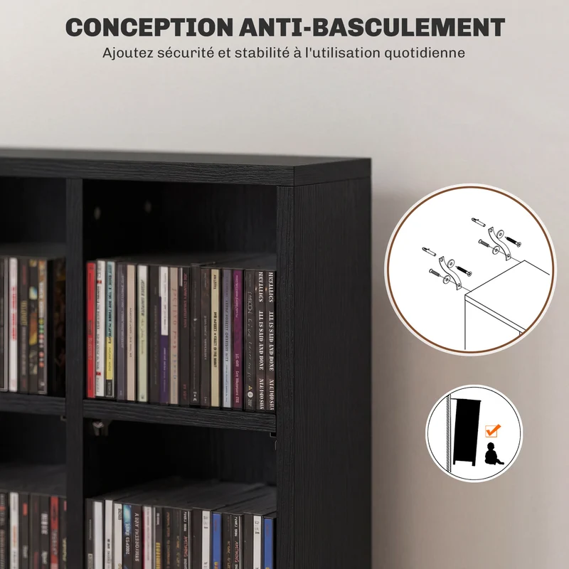 Meuble rangement multimédia étagère 89 x 20 x 130.5 cm 456 cd 336 dvd utile contemporain en panneau de particules noir 21_0001399